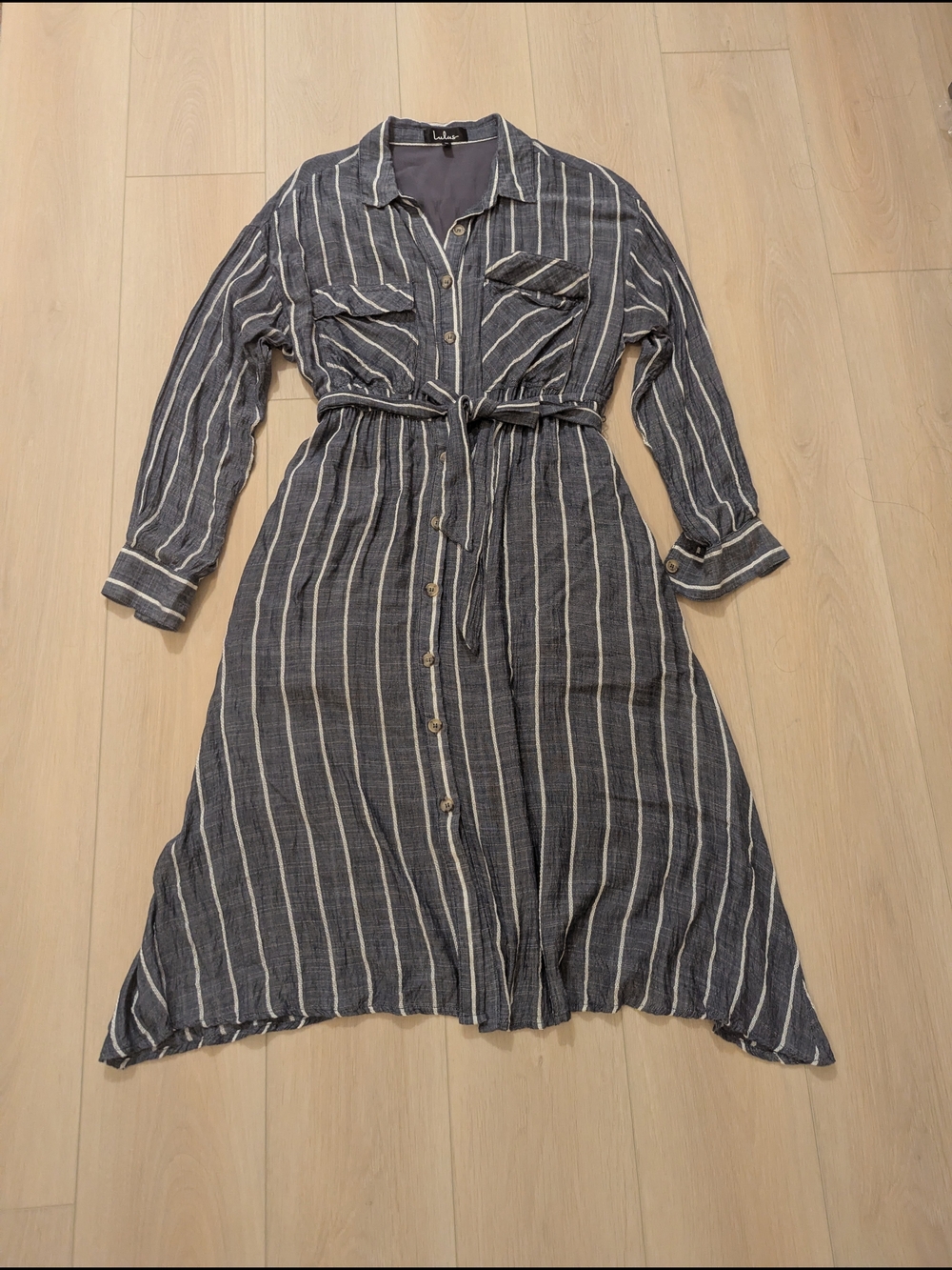 Lulus Slauson Dark Blue Grey Striped Long Sleeve Shirt Dress Button-Front - Picture 3 of 4